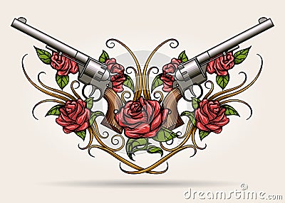 Two Guns and Rose flowers Drawn in Tattoo Style Cartoon Illustration