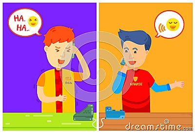 Two guy character calling on the phone with message box, Home, Be on the phone, They talked on the phone, Have a long conversation Vector Illustration