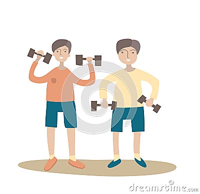 Two guys doing exercises with dumbbells. Healthy lifestyle. Vector illustration, isolated on white. Vector Illustration