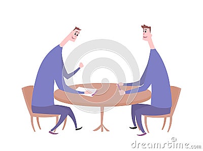 Two guys having a conversation at the table. Business meeting, job interview, negotiation. Flat vector illustration Vector Illustration