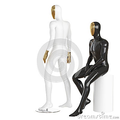 Two guys mannequin with a golden face in a standing and sitting pose. 3d rendering Stock Photo