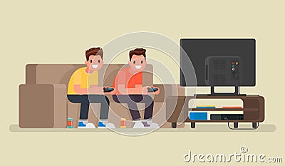 Two guys play video games on the game console Cartoon Illustration