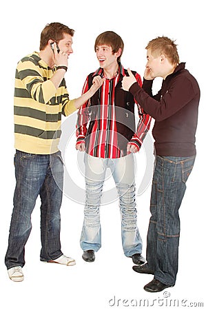 Two guys tell the third that mobile usage is cool Stock Photo
