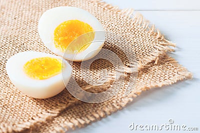 Two half of hard boiled egg on table, Healthy food, Nutrition co Stock Photo