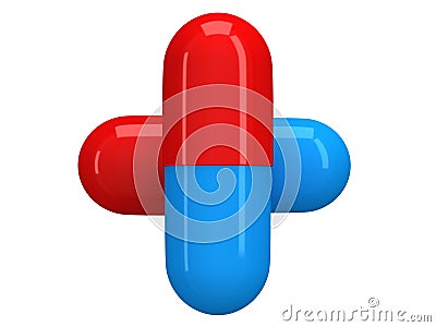Two Half red half blue pill capsule. 3D Stock Photo
