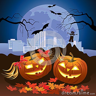 Two Halloween pumpkins in the night Stock Photo