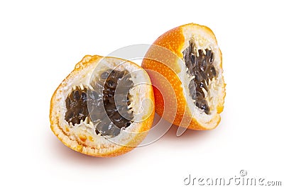Two halves of grenadilla fruit on a white background Stock Photo