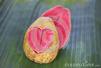 Two halves pink guava with carved heart Stock Photo