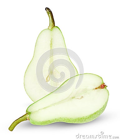 Two halves of ripe green pear on a white isolated background. Clipping path Stock Photo