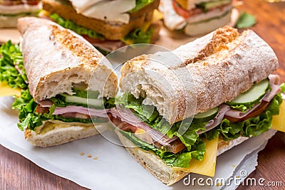Two Halves of Sub Ham and Mustard Baguette Sandwich Stock Photo