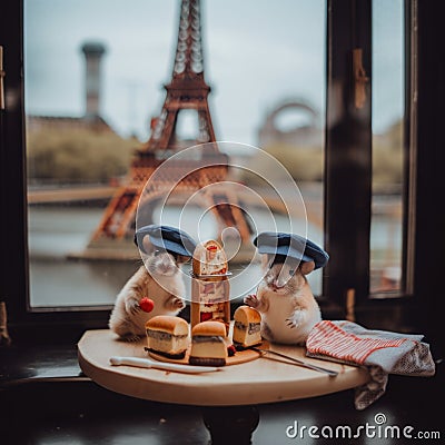 Two french patriotic hamster mice sitting at a table with a view of the eiffel tower. Generative AI image. Stock Photo