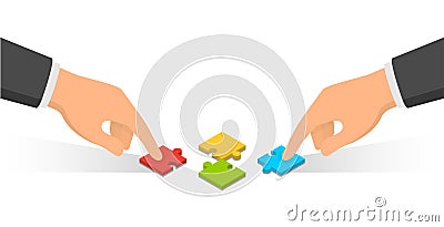 Two hand connecting puzzle elements. Partnership concept Vector Illustration