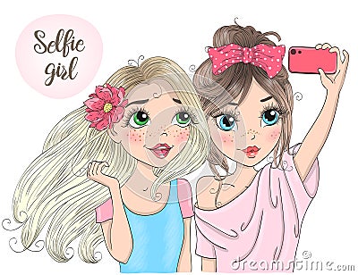 Two hand drawn beautiful cute selfie girls with smart phone. Vector illustration. Vector Illustration