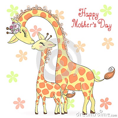 Two hand drawn cute giraffe girls. Happy Mothers Day. Vector Illustration