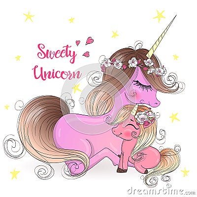 Two hand drawn cute mom and daughter unicorns girls. Happy Mothers Day. Vector Illustration
