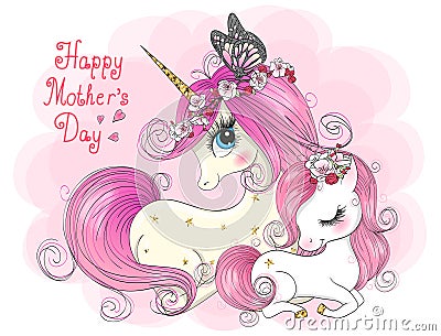 Two hand drawn cute mom and daughter unicorns girls. Happy Mothers Day. Vector Illustration