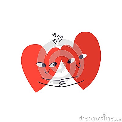 Two hand-drawn hearts are holding hands and looking into each other`s eyes. Doodle couple of happy hearts full of love hugging. Cartoon Illustration