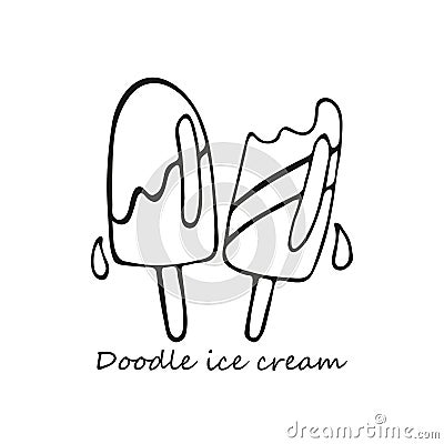 Two hand-drawn melting ice creams, popsicles. In doodle style, black outline isolated on a white background. For banners, cards, Cartoon Illustration