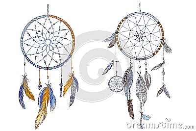 Two hand drawn ornate Dream catchers with feathers in soft trendy colors. Astrology, spirituality, magic symbol. Ethnic tribal ele Stock Photo