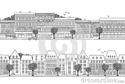 Two hand drawn seamless city banners Vector Illustration