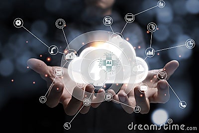 Two hand holding virtual cloud computing with artificial intelligence icon.Cloud technology management big data include business Stock Photo