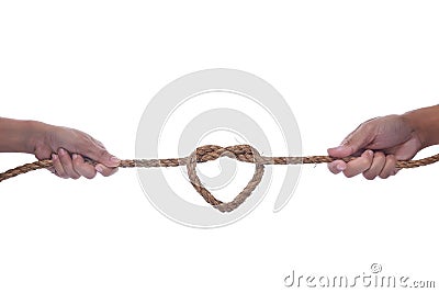 Two hand pulling a rope with heart shape Stock Photo