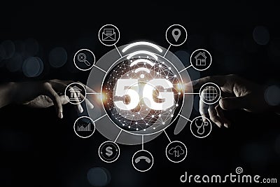 Two Hand touching to 5G wireless network telecommunication and mobile internet signal. Internet of thing IOT high speed and change Stock Photo