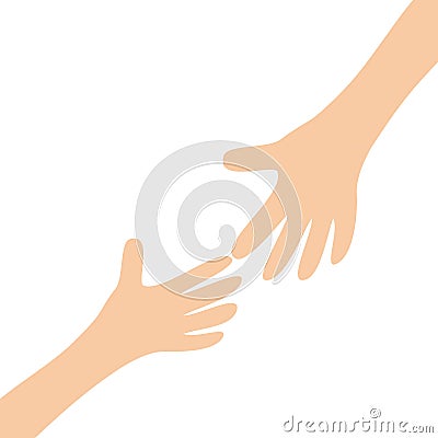 Two hands arms reaching to each other. Helping hand. Close up body part. Happy Valentines day. Flat design. Love soul gift concept Vector Illustration