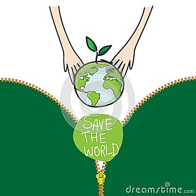 Two hands of the children planting green globe and tree for saving environment nature conservation, ecology concept. vector Vector Illustration