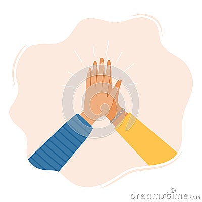 Two hands clapping in high five gesture. Multicultural people putting hands together. Teamwork, friendship, unity, help, equality Cartoon Illustration