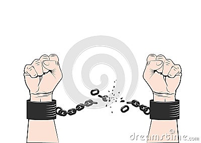 Two hands clenched into fist tearing chains or fetter. Symbol of revolution and freedom. Freedom concept. Vector Vector Illustration