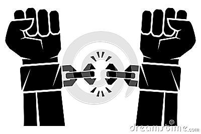 Two hands clenched into a fist tearing chains that they shackled the symbol of the revolution of freedom. Human hands and broken c Cartoon Illustration