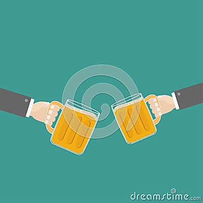 Two hands and clink beer glasses mug with foam cap froth bubble. Flat design Vector Illustration