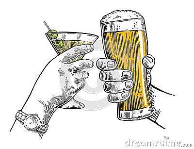 Two hands clink a glass of beer and cocktails. Vector Illustration
