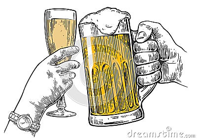 Two hands clink a glass of beer and a glass of champagne. Hand drawn design element. Vintage vector engraving illustration for web Vector Illustration