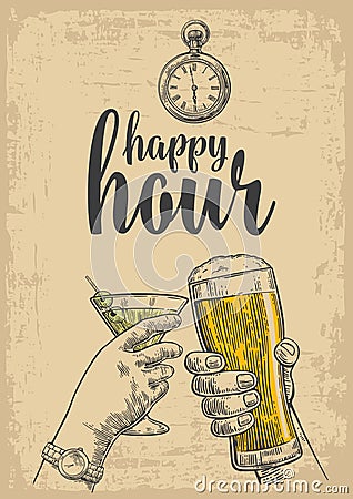 Two hands clink a glass of beer and a glass of cocktails. Vintage vector engraved drawn illustration for web, poster Vector Illustration