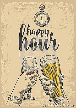 Two hands clink a glass of beer and a glass of wine. Drawn design element. Vintage vector engraved illustration for web Vector Illustration