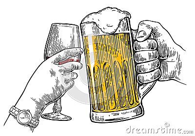 Two hands clink a glass of beer and wine. Vector Illustration