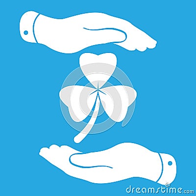 two hands with Clover with three leaves sign icon. on a blue background. Saint Patrick symbol Vector Illustration