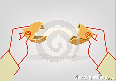 Two hands crack a Fortune Cookie to reveal a message template. Editable Clip Art. Vector Illustration