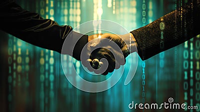 Two hands engaging in a firm handshake against a backdrop of glowing digital binary code, symbolizing modern business agreements Cartoon Illustration