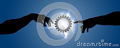 Two hands go toward a gear illuminated with lightning Stock Photo