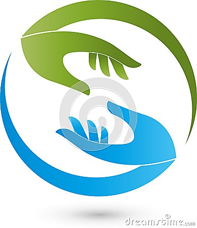 Two hands in green and blue, massage and orthopedic logo Stock Photo