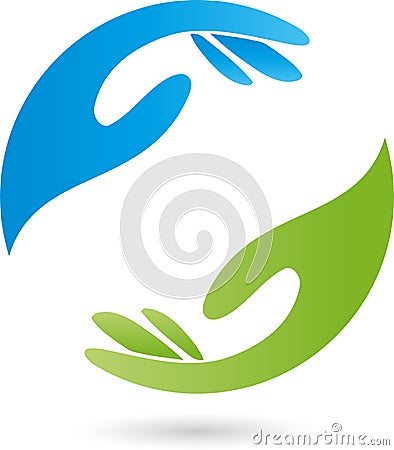 Two hands in green and blue, massage and wellness logo Stock Photo