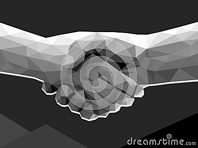 two hands handshake polygonal low poly contract agreement monochrome on dark background Stock Photo