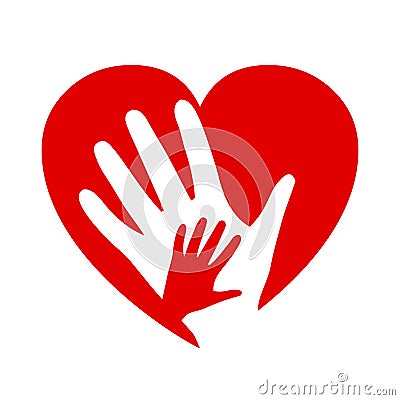 Two hands on heart, charity icon, organization of volunteers, family community Vector Illustration