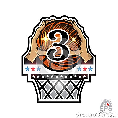 Two hands hold basketball ball with number 3 above basket. Sport logo for any team or competition isolated Vector Illustration