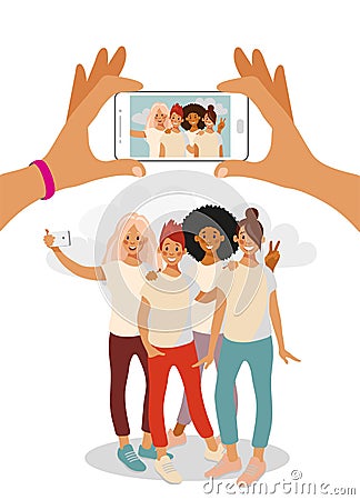Two hands hold a martphone and take a photo of a group of teenage girls Cartoon Illustration