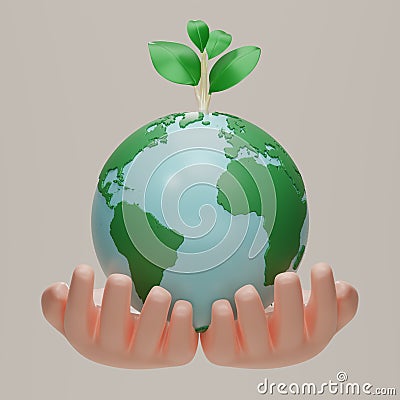 Two Hands hold planet earth and plant icon. Earth day symbol. Globe with sapling, Eco Save the world, Clean environment, Cartoon Illustration