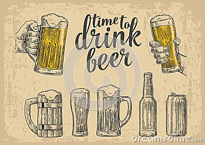 Two hands holding beer glasses mug. Glass, can, bottle. Vintage vector engraving illustration for web, poster Vector Illustration